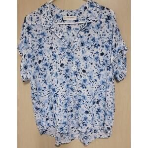 Lucky Brand Sz Large Blue White Floral Print Button Front Shirt Light Weight EUC